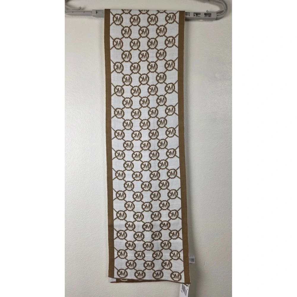Michael Kors Knit Scarf Camel Cream Reversible MK Logo Monogram 62